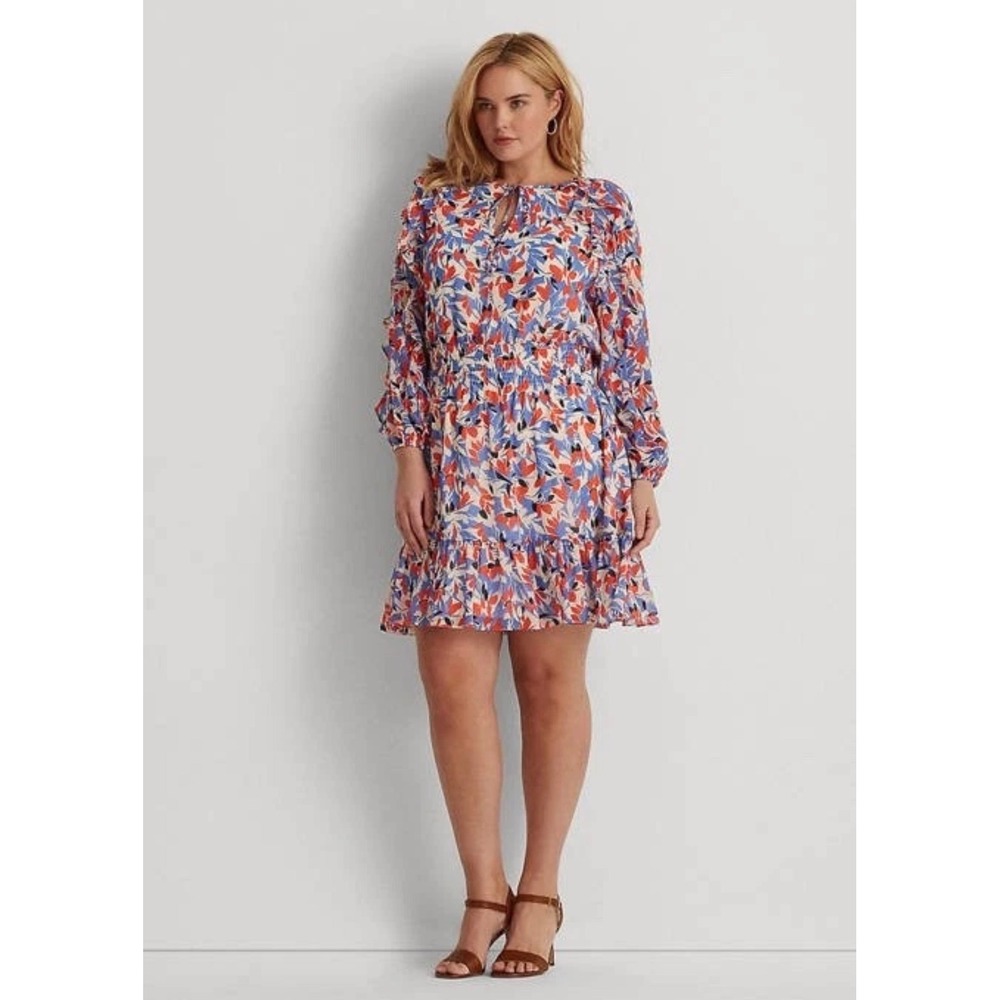 Ralph Lauren Sz Petite 8 Floral Crinkle Georgette Dress Red Blue Smocked Preppy